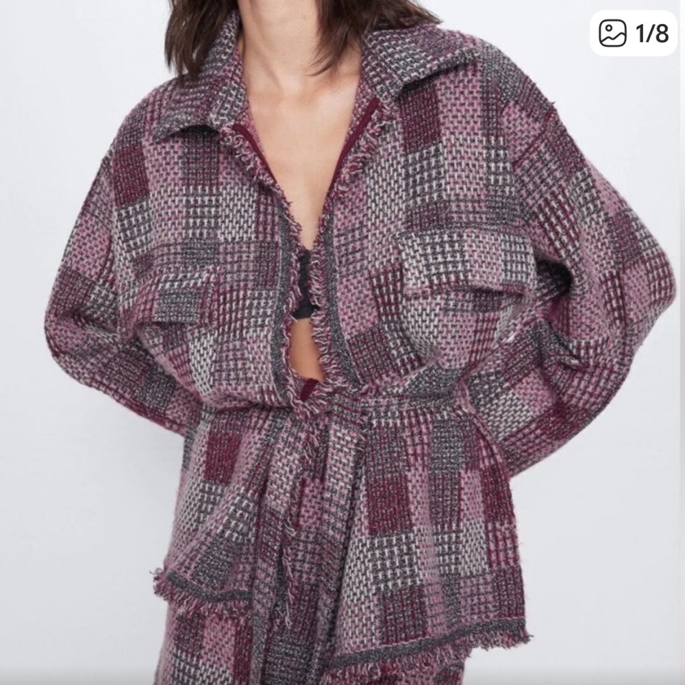 Zara check knit metallic tweed chunky wrap cardigan sweater oversized sz m EUC